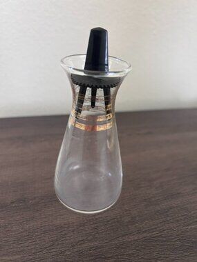 Vintage Pyrex MCM Glass Salt Pepper Shaker w/Gold Stripes Detail Black Top